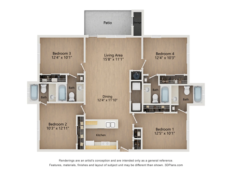 D1 4X4 Floor Plan, 1,320 SQFT